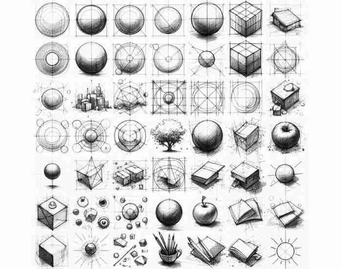 sketches ranging from simple basic shapes like circles, squares, and triangles to more complex objects or scenes, demonstrating the progression from simple to intricate sketches.