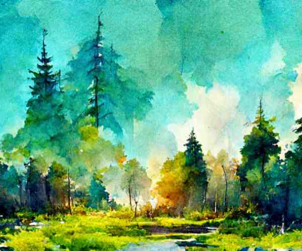 Watercolor Painting of Winter Forest Landscape